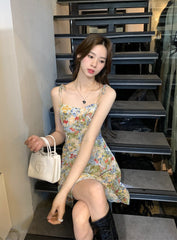 Green Oil Painting Design Floral Sling Dress
