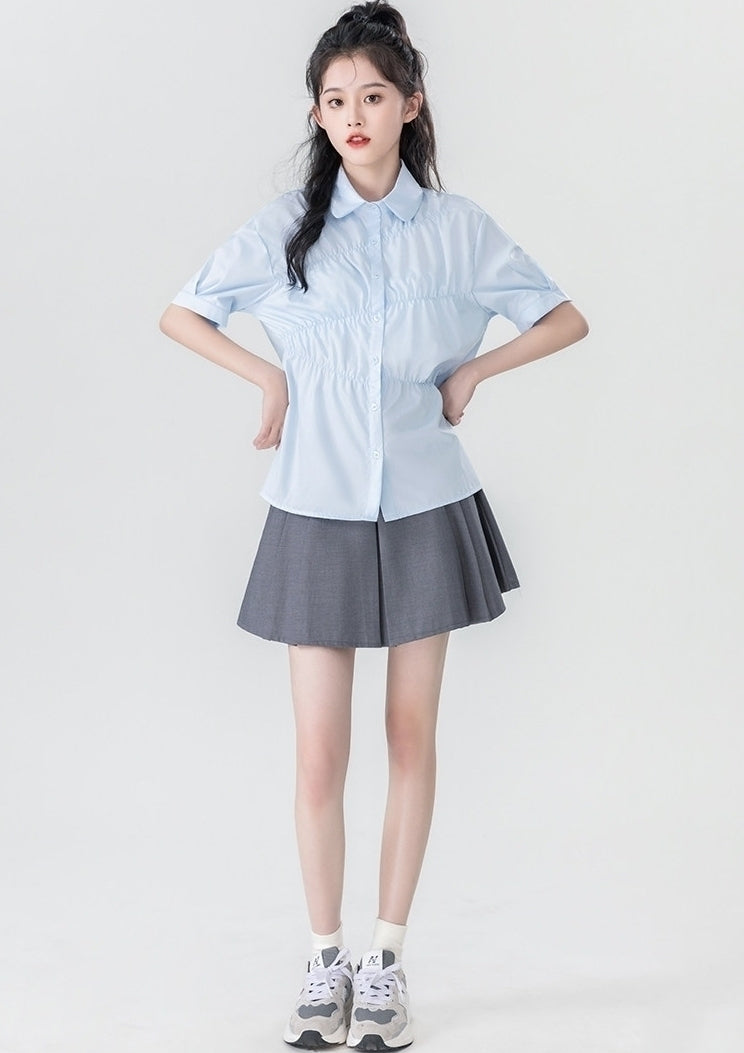 Summer Blue Pleated Polo Collar Short Sleeve Shirt