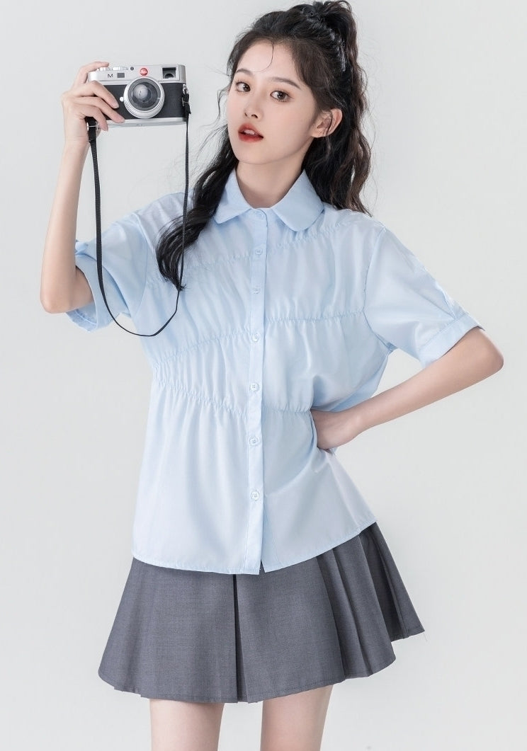 Summer Blue Pleated Polo Collar Short Sleeve Shirt