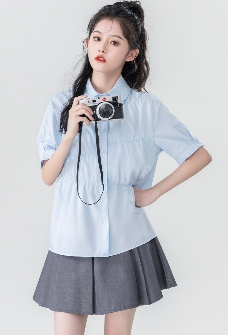 Summer Blue Pleated Polo Collar Short Sleeve Shirt