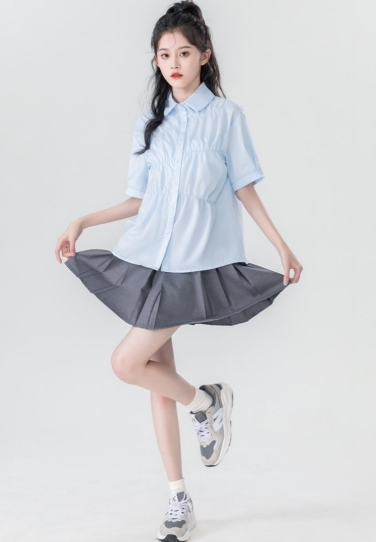 Summer Blue Pleated Polo Collar Short Sleeve Shirt