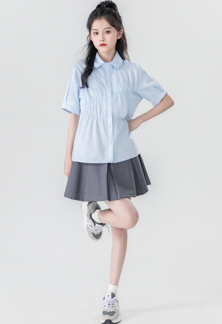 Summer Blue Pleated Polo Collar Short Sleeve Shirt