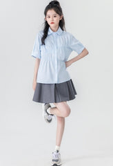 Summer Blue Pleated Polo Collar Short Sleeve Shirt
