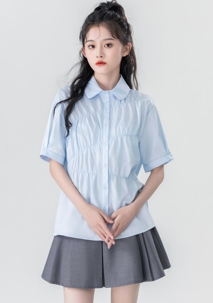 Summer Blue Pleated Polo Collar Short Sleeve Shirt