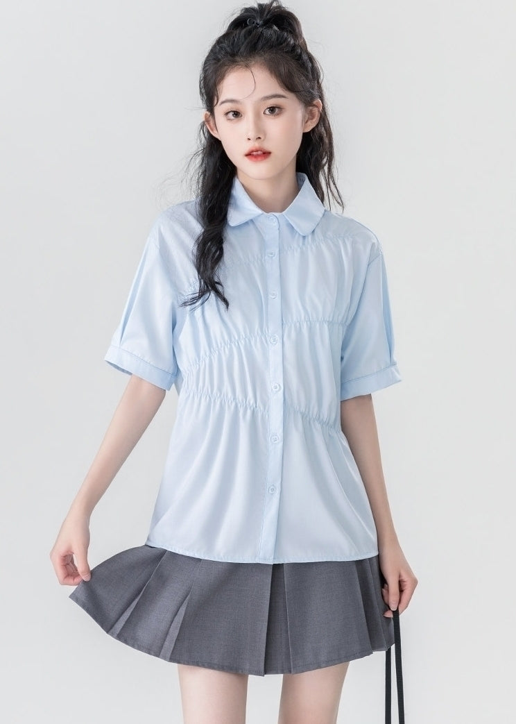 Summer Blue Pleated Polo Collar Short Sleeve Shirt