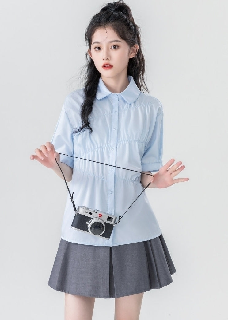 Summer Blue Pleated Polo Collar Short Sleeve Shirt