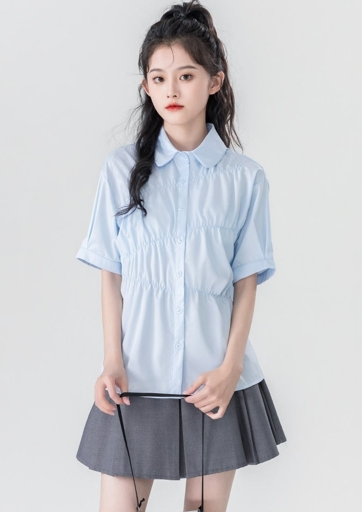 Summer Blue Pleated Polo Collar Short Sleeve Shirt