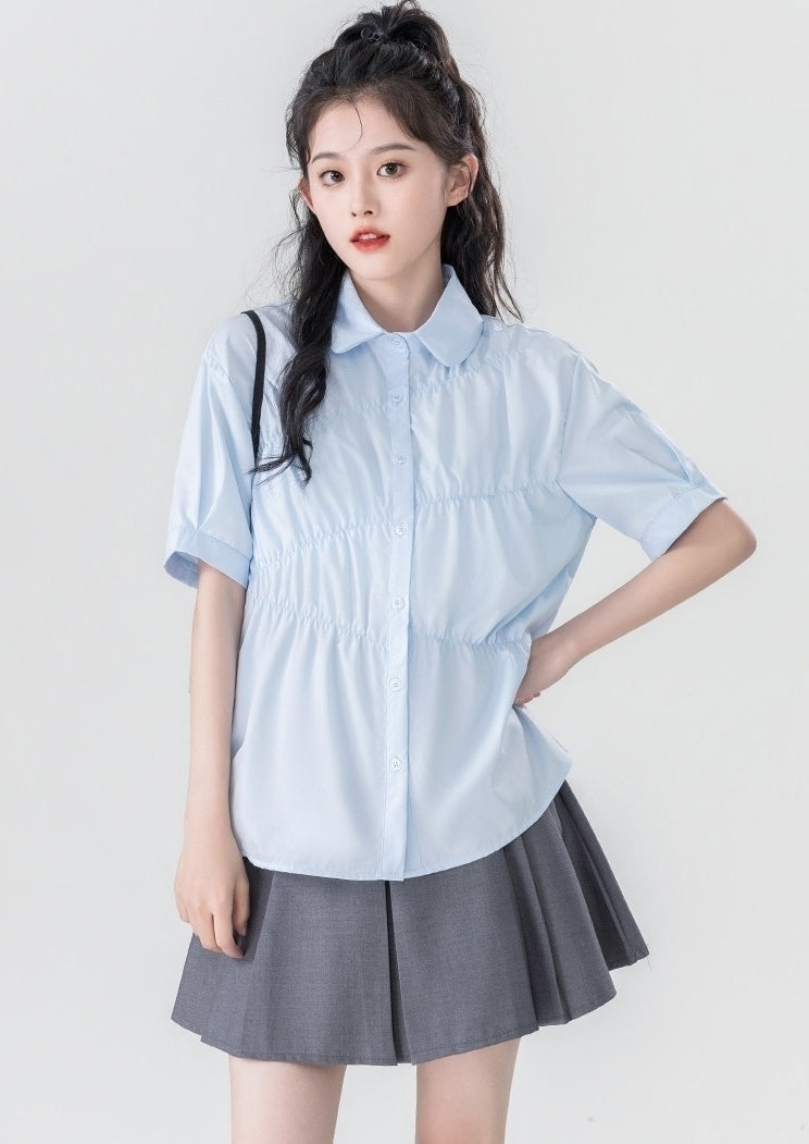 Summer Blue Pleated Polo Collar Short Sleeve Shirt