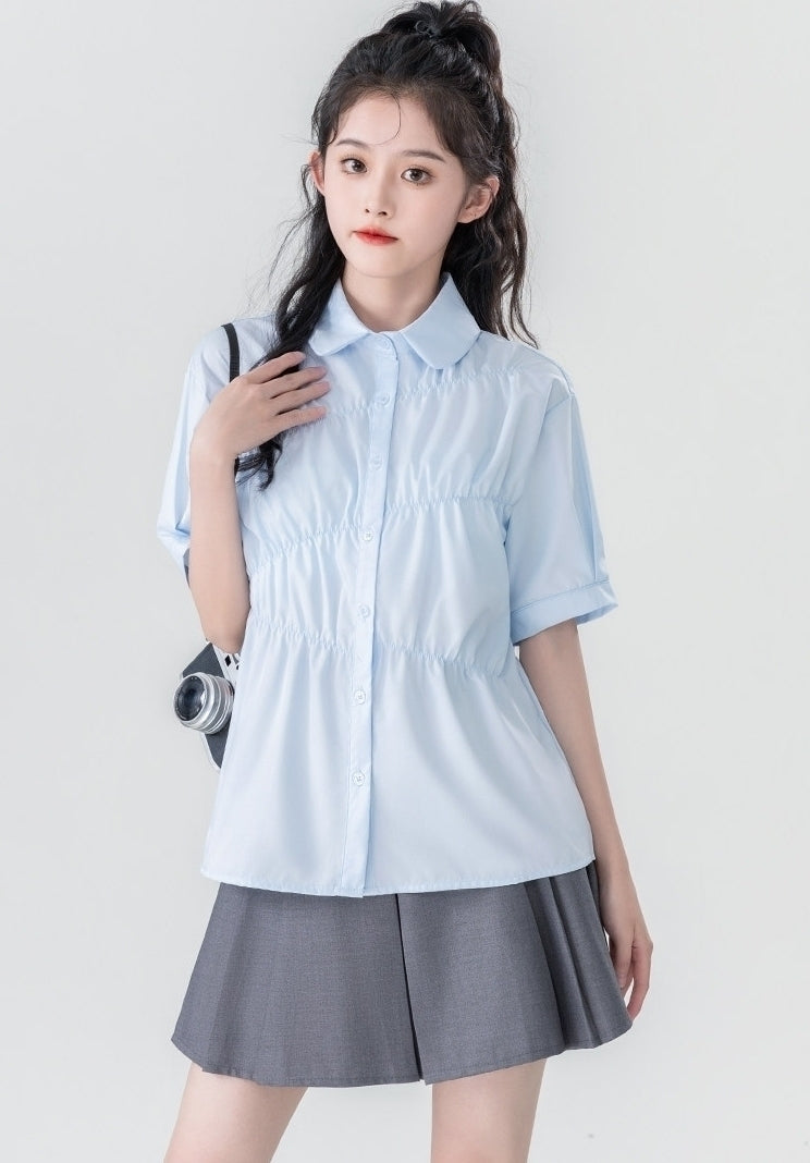 Summer Blue Pleated Polo Collar Short Sleeve Shirt