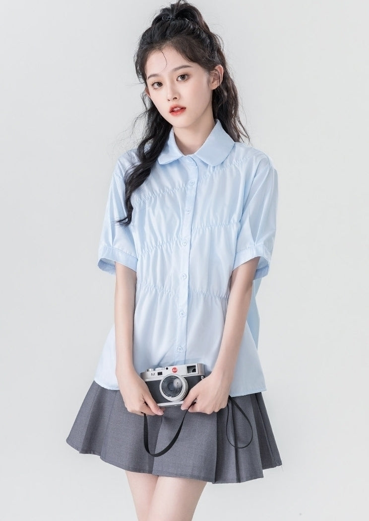 Summer Blue Pleated Polo Collar Short Sleeve Shirt