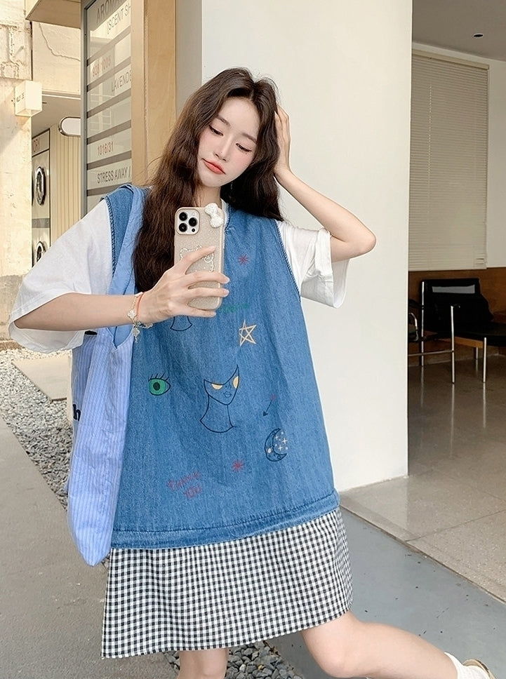 Summer Cartoon Print Patchwork Dress Set