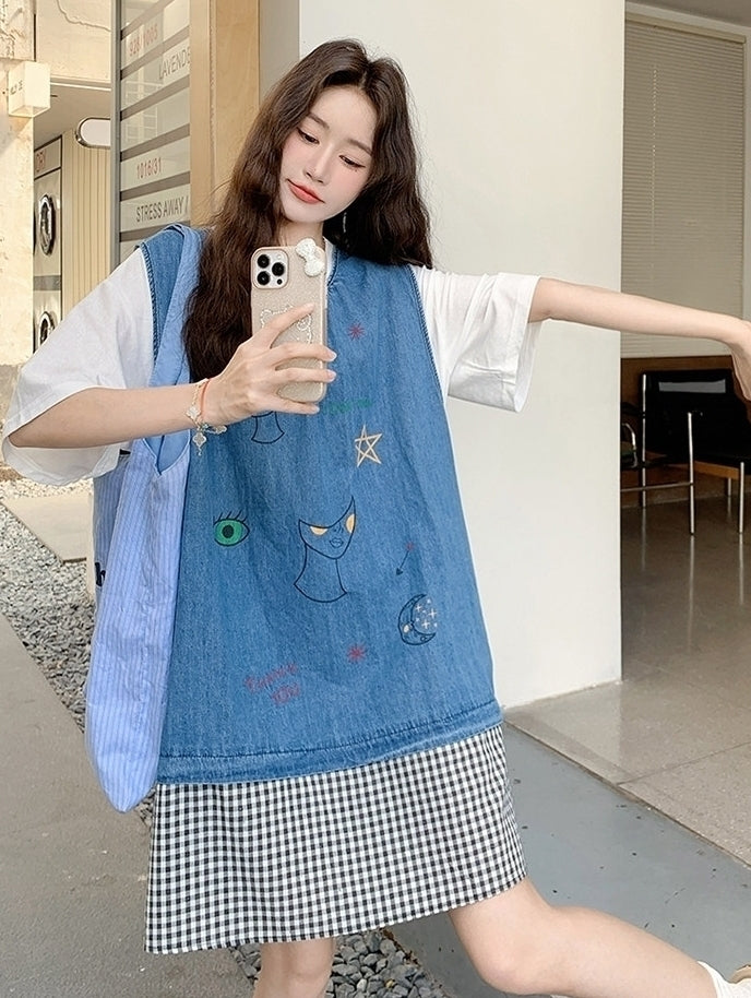 Summer Cartoon Print Patchwork Dress Set