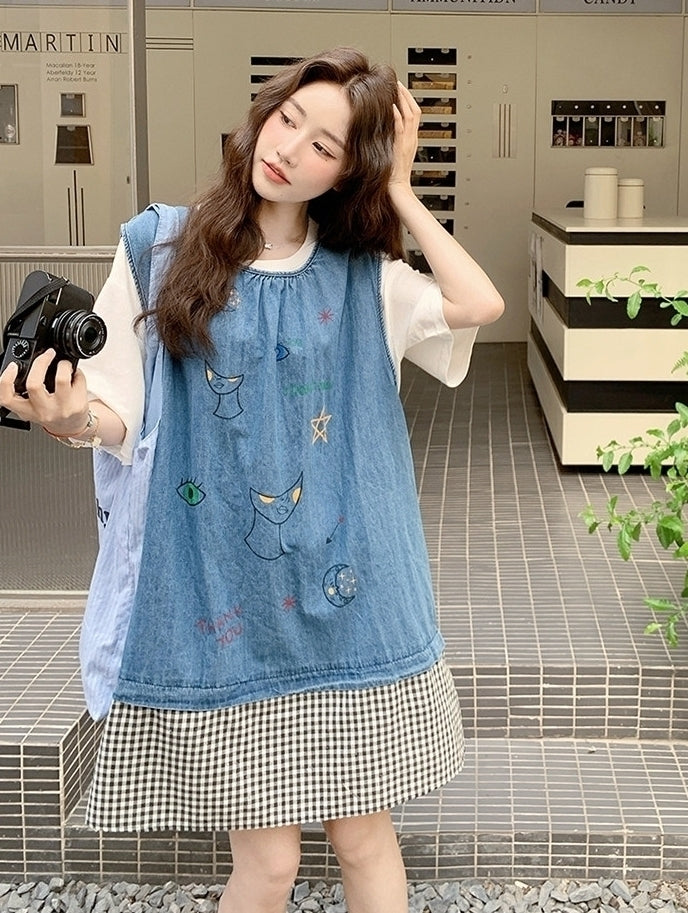 Summer Cartoon Print Patchwork Dress Set
