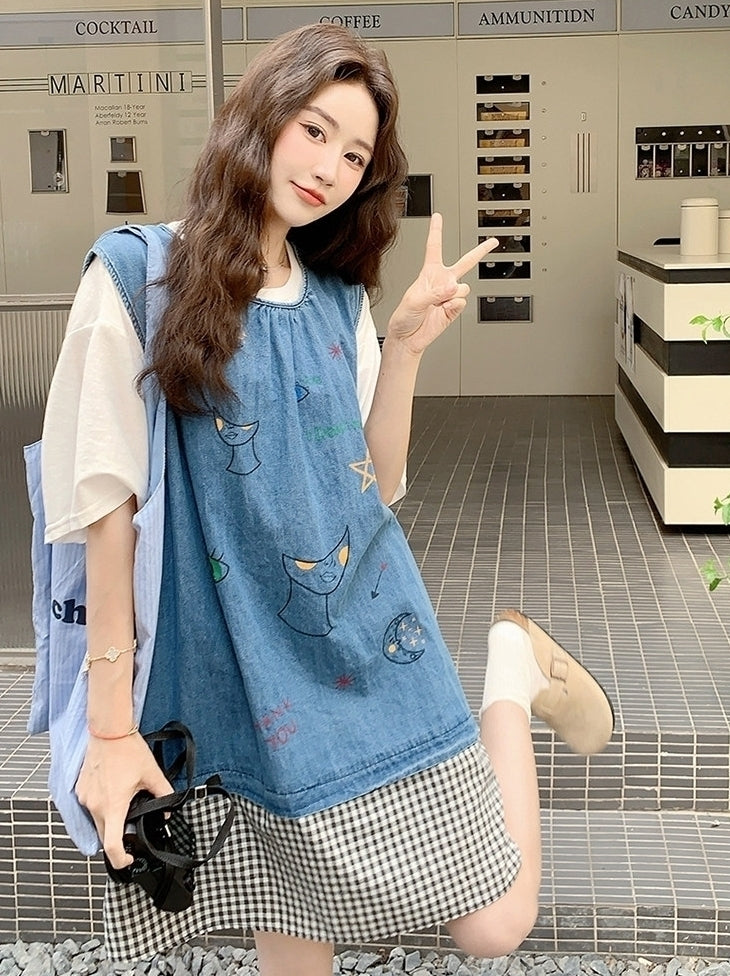 Summer Cartoon Print Patchwork Dress Set