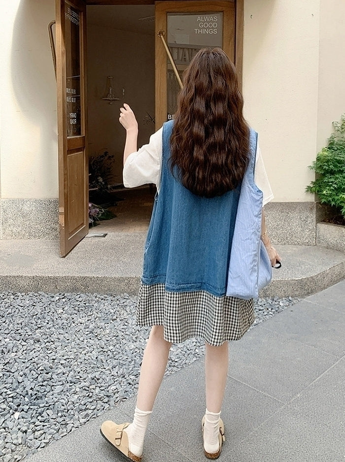 Summer Cartoon Print Patchwork Dress Set