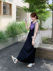 Summer Korean Style Colorblock Suspender Dress Set