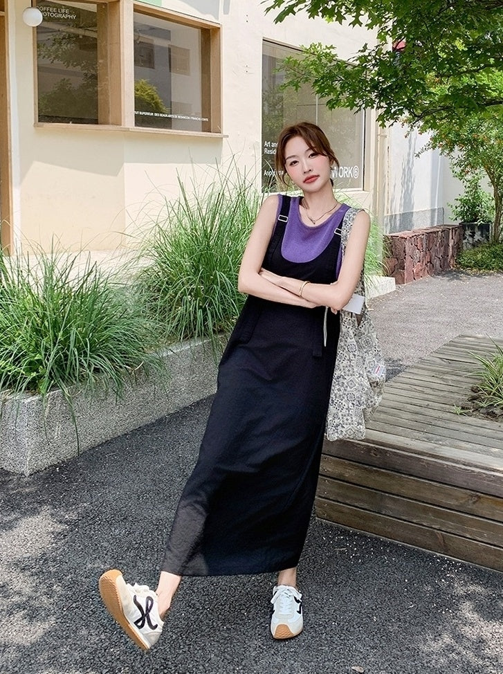 Summer Korean Style Colorblock Suspender Dress Set