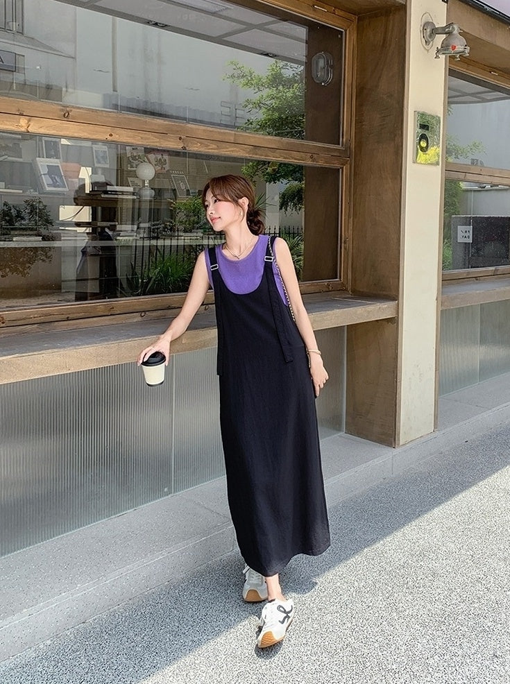 Summer Korean Style Colorblock Suspender Dress Set