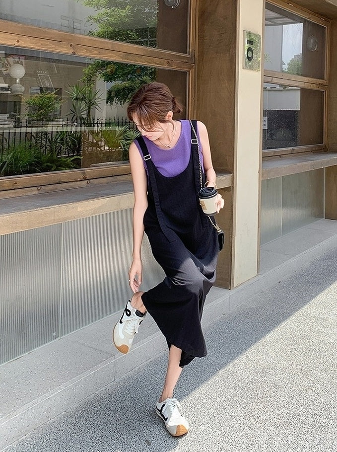 Summer Korean Style Colorblock Suspender Dress Set