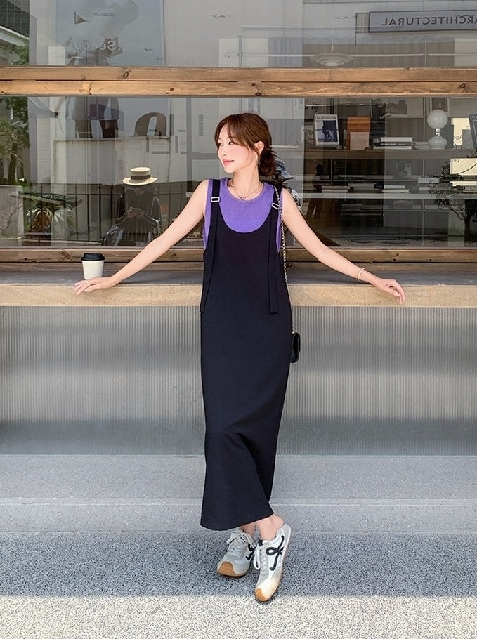Summer Korean Style Colorblock Suspender Dress Set