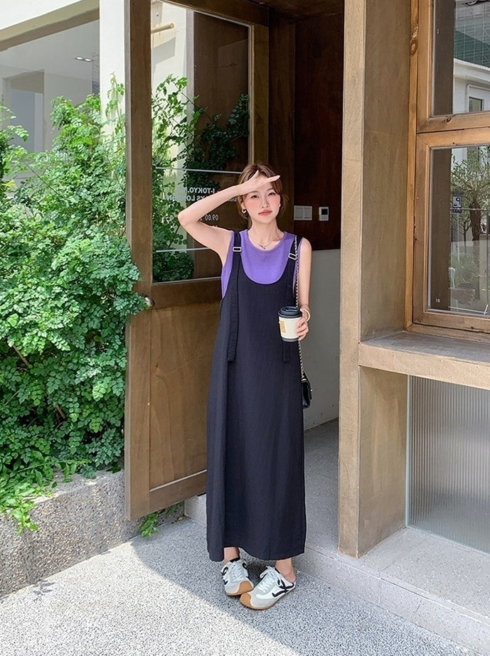 Summer Korean Style Colorblock Suspender Dress Set
