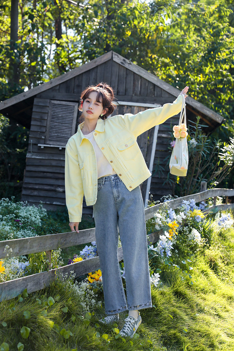 Yellow Cropped Denim Jacket