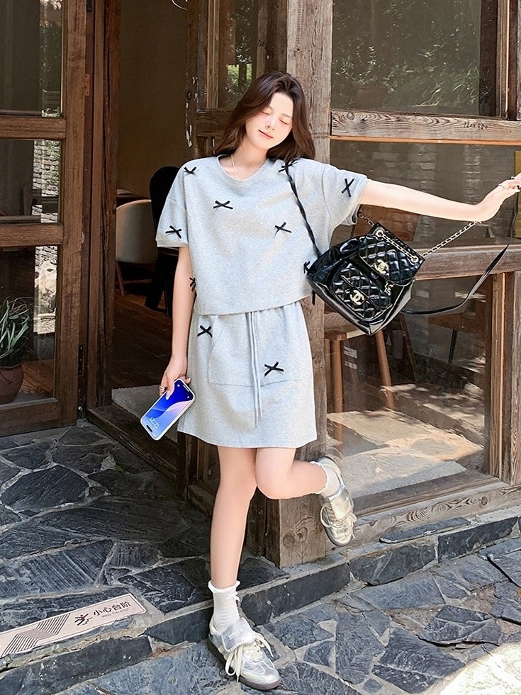 Sweet Bow Short Sleeve Top And Skirt Set