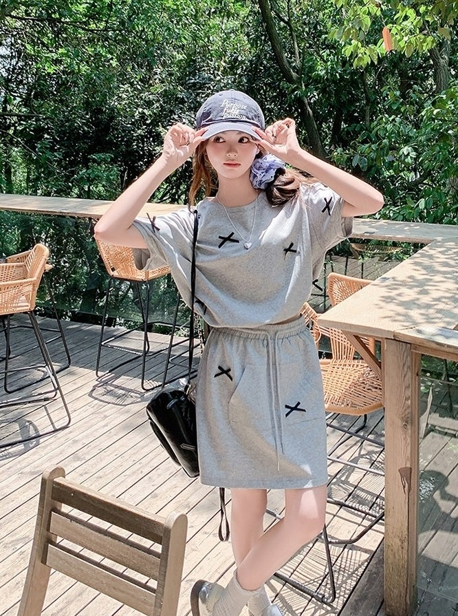 Sweet Bow Short Sleeve Top And Skirt Set
