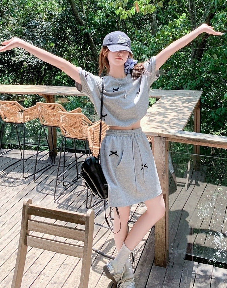 Sweet Bow Short Sleeve Top And Skirt Set