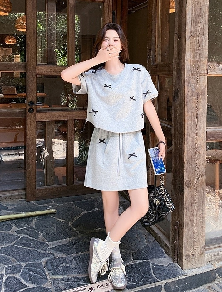 Sweet Bow Short Sleeve Top And Skirt Set