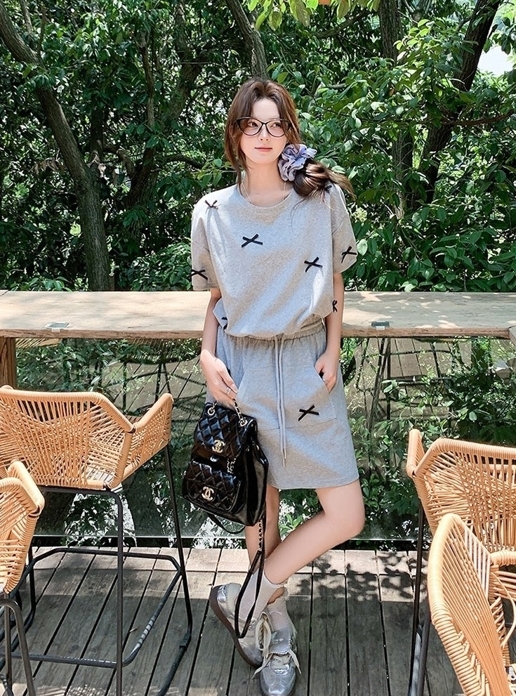 Sweet Bow Short Sleeve Top And Skirt Set