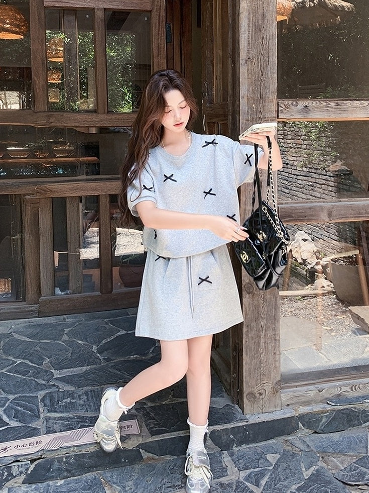 Sweet Bow Short Sleeve Top And Skirt Set