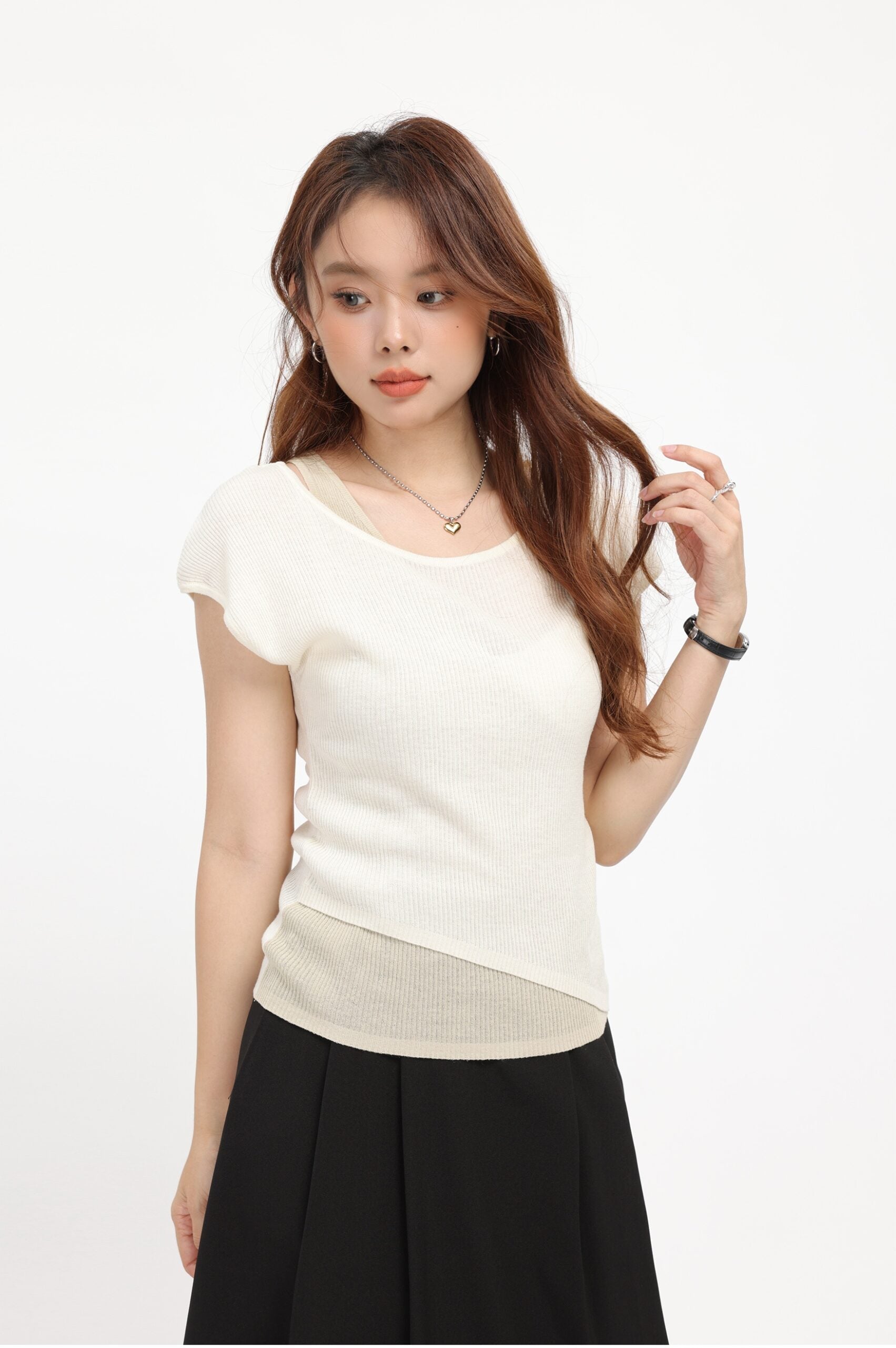 Apricot Fake Two-Piece Short Sleeve Top