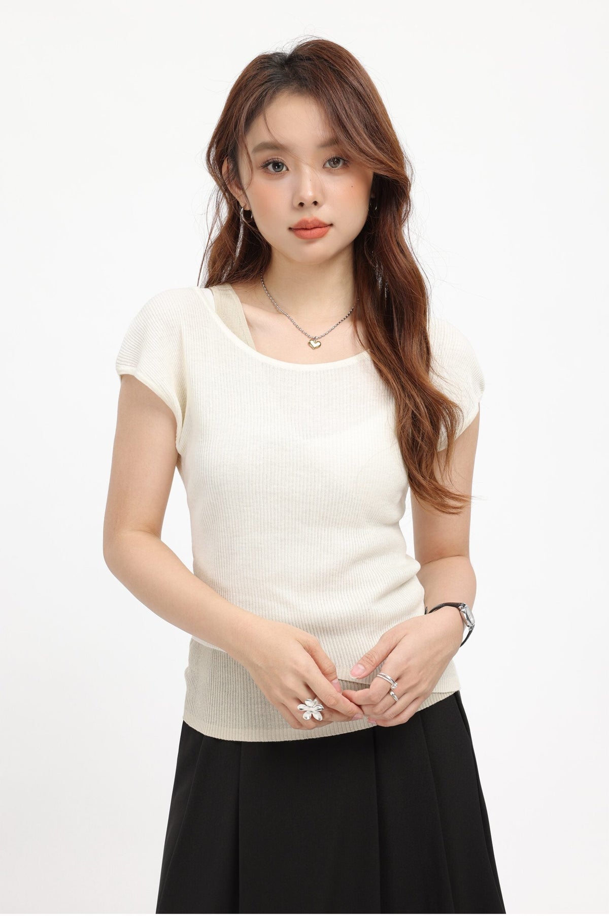 Apricot Fake Two-Piece Short Sleeve Top