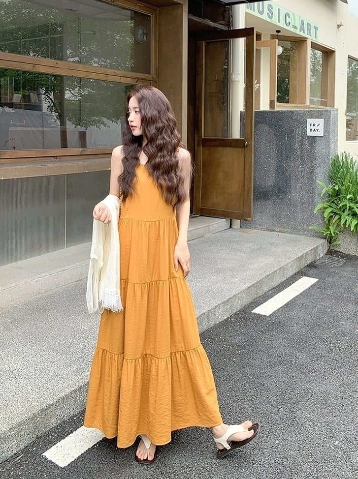 Sweet Orange Tassel Layered Dress Set