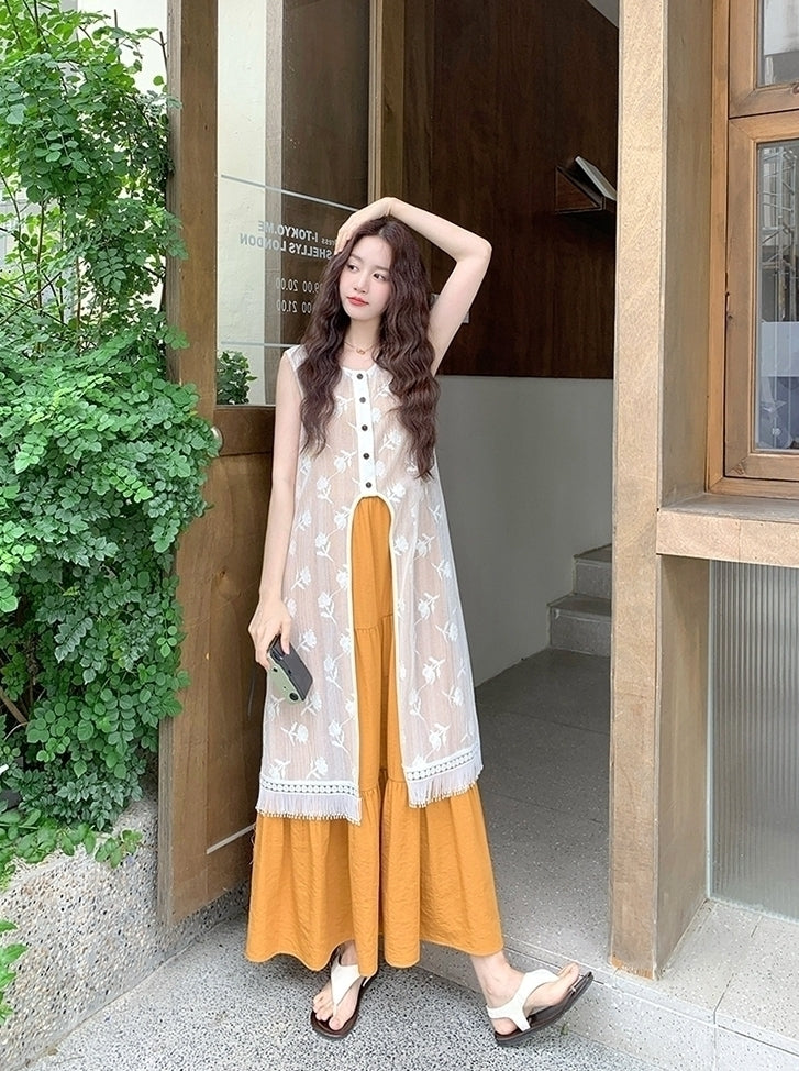 Sweet Orange Tassel Layered Dress Set