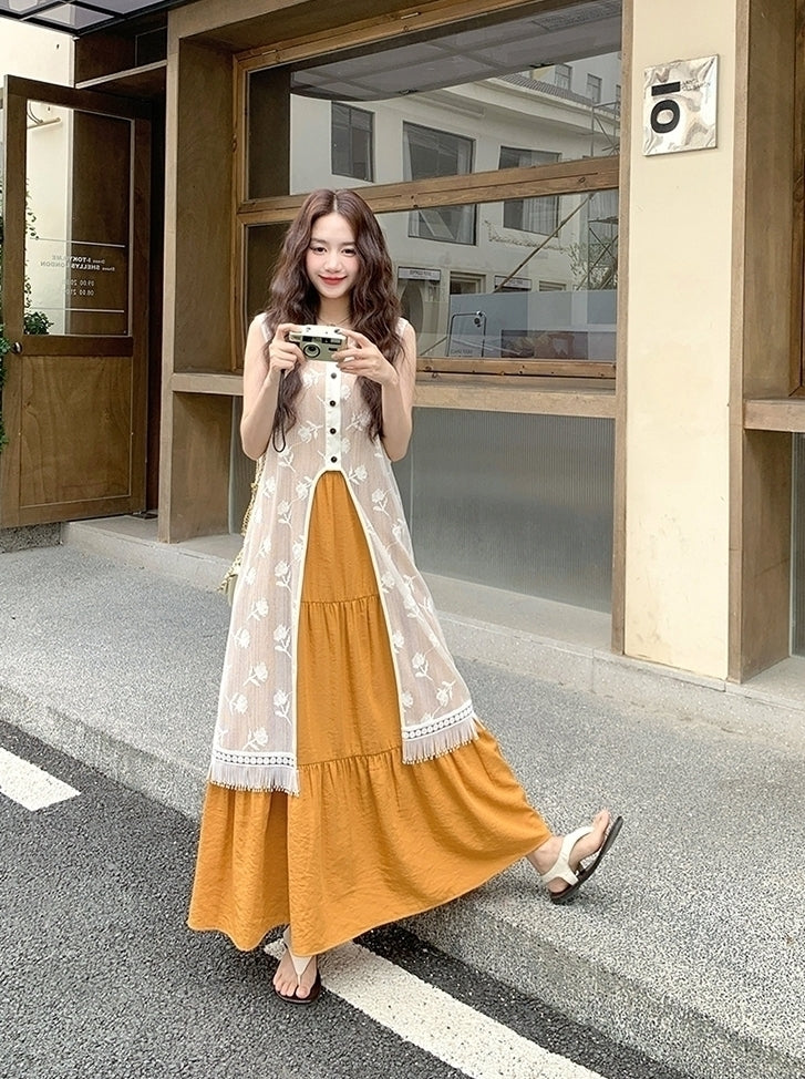 Sweet Orange Tassel Layered Dress Set
