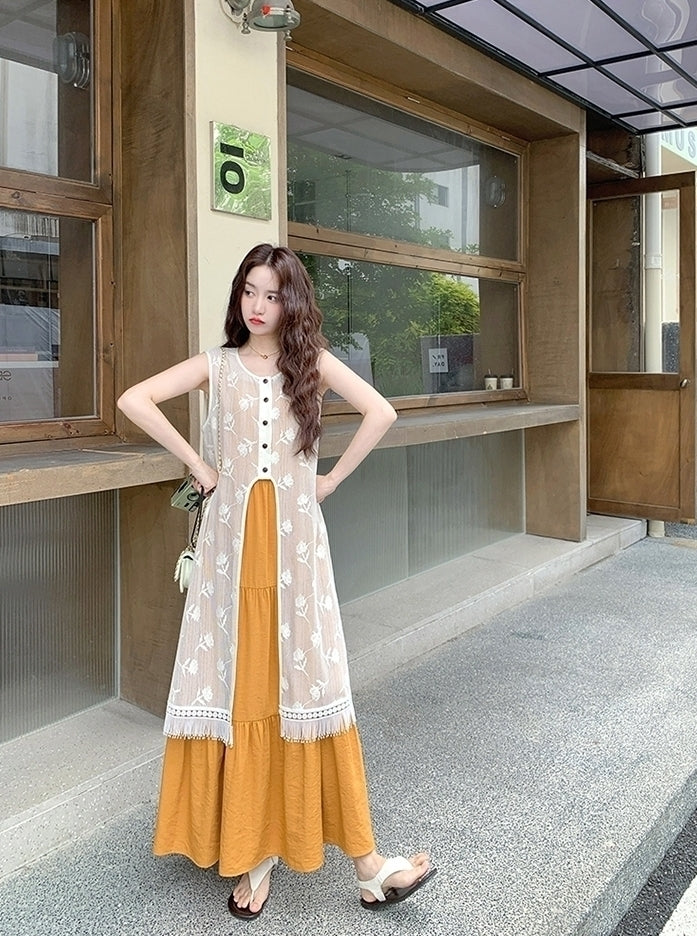 Sweet Orange Tassel Layered Dress Set