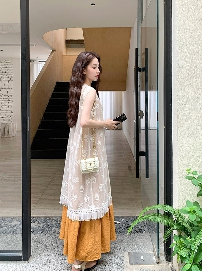 Sweet Orange Tassel Layered Dress Set