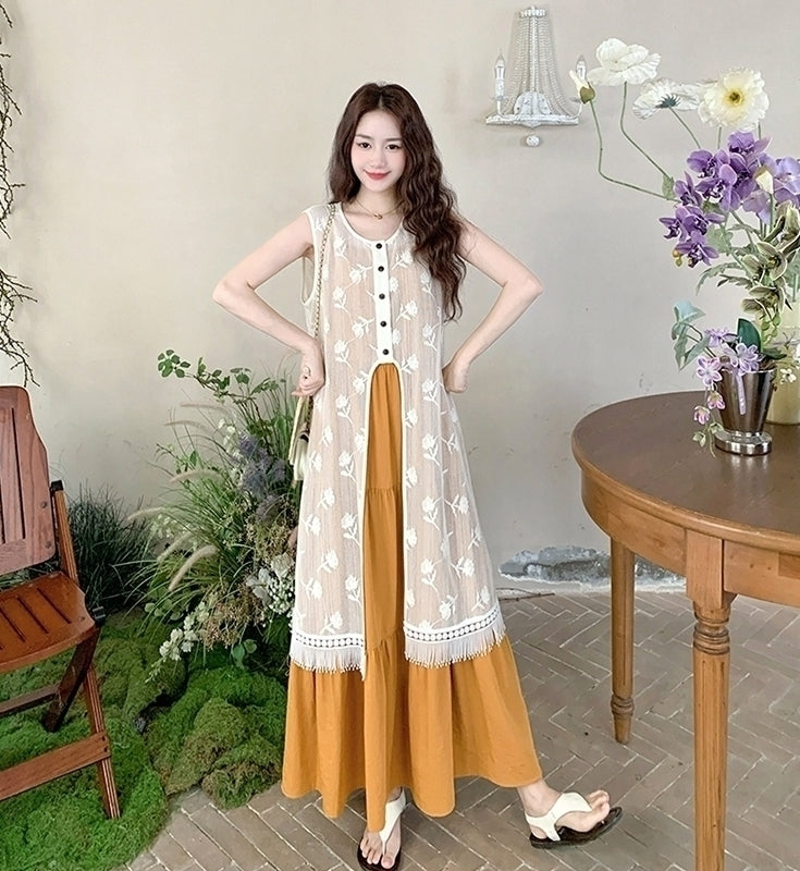 Sweet Orange Tassel Layered Dress Set