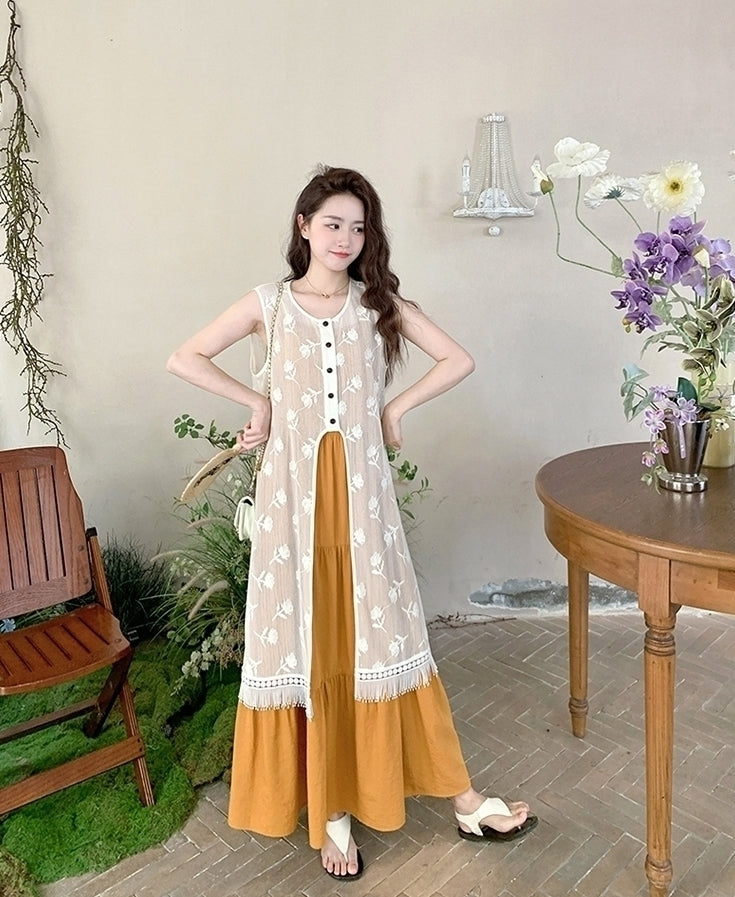 Sweet Orange Tassel Layered Dress Set