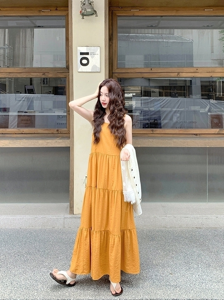 Sweet Orange Tassel Layered Dress Set