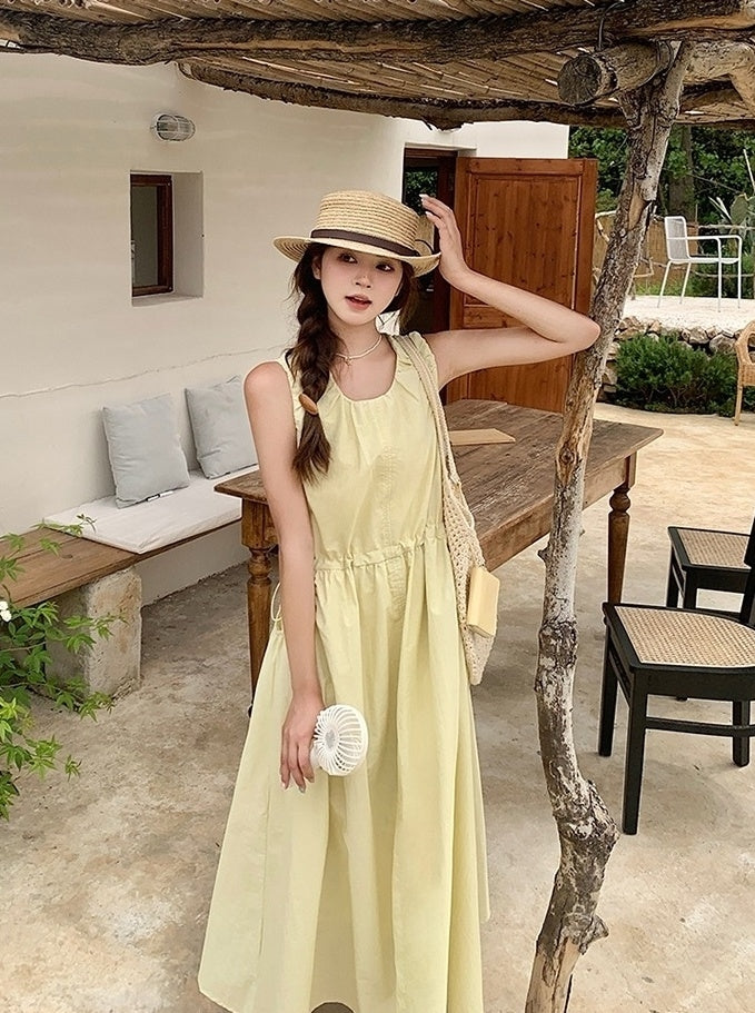 Sweet Yellow Casual French Style Long Dress