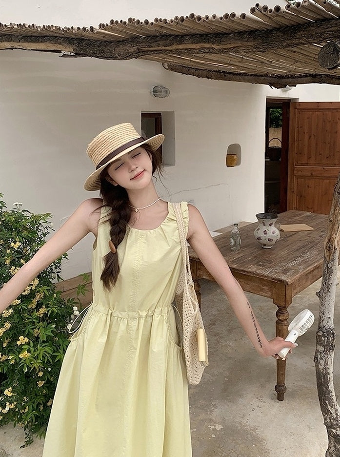 Sweet Yellow Casual French Style Long Dress