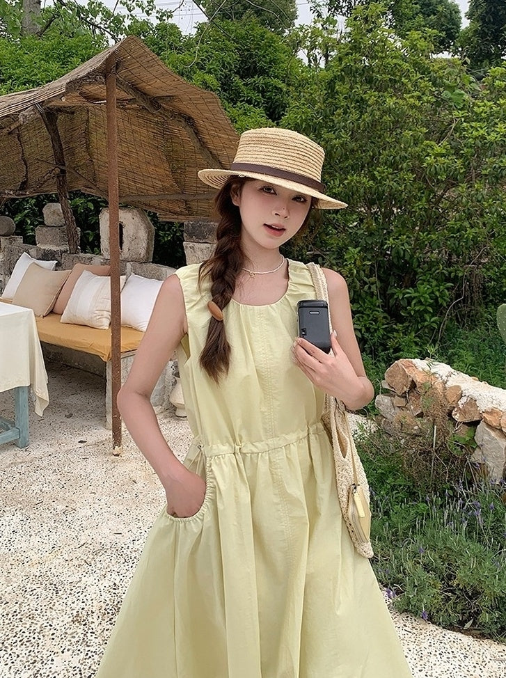 Sweet Yellow Casual French Style Long Dress
