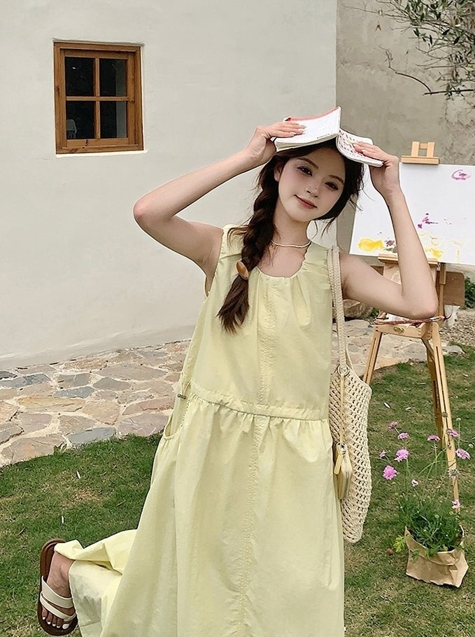 Sweet Yellow Casual French Style Long Dress