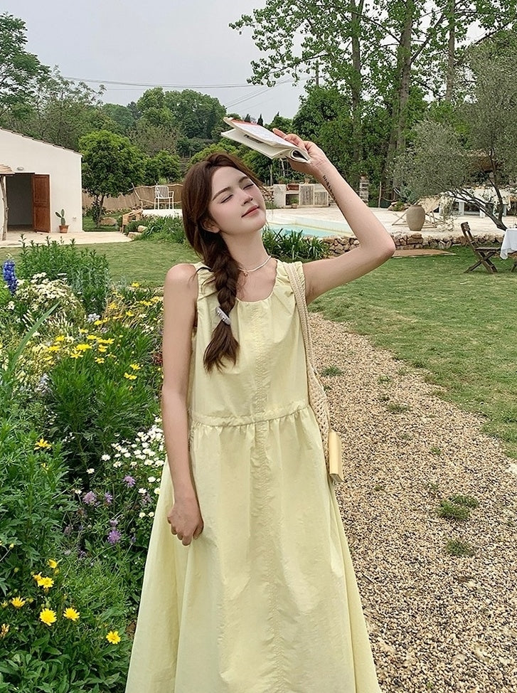 Sweet Yellow Casual French Style Long Dress