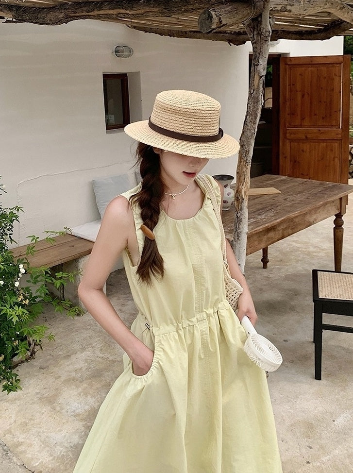 Sweet Yellow Casual French Style Long Dress