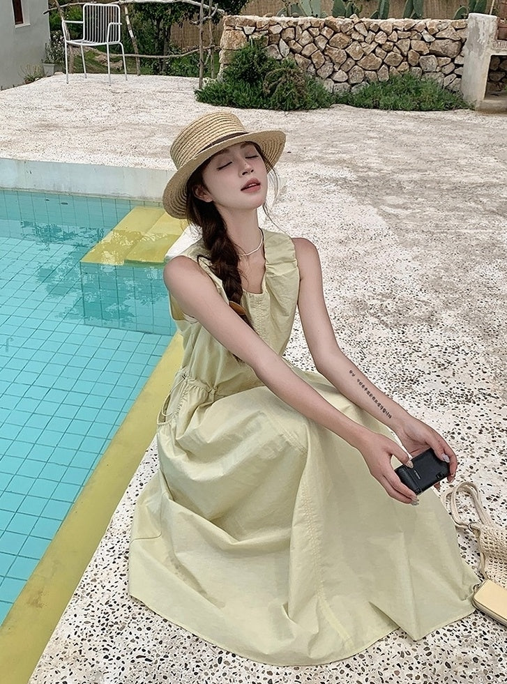 Sweet Yellow Casual French Style Long Dress