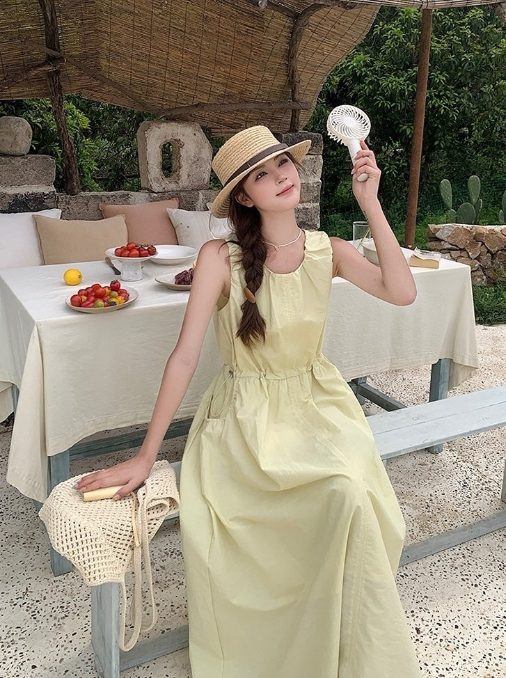 Sweet Yellow Casual French Style Long Dress
